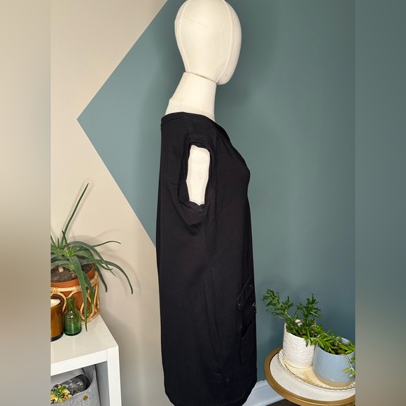 Cynthia Steffe Black Utility Mini Dress Y2K Cap Sleeve Mod Pockets Stretch 10 - Picture 4 of 13